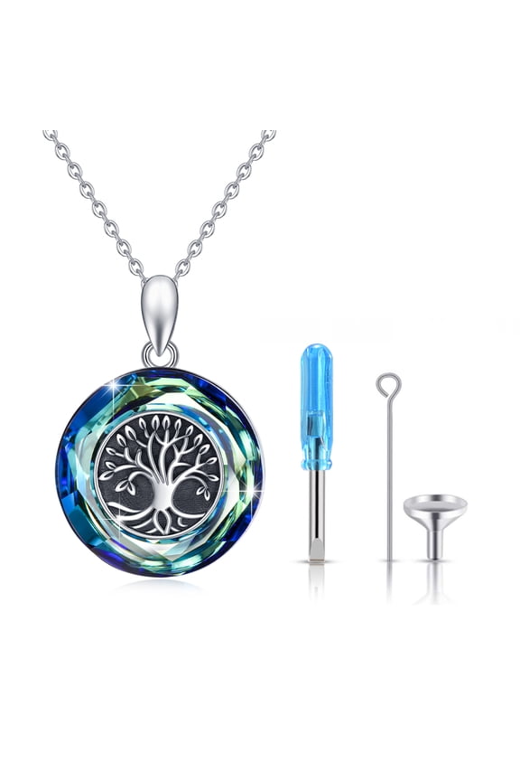 Urn for Ashes Necklace 925 Sterling Silver Austria Crystal Necklace Tree of Life Pendant Necklaces Hypoallergenic Memorial Jewelry Gift for Women Grandma Grandpa Cat Dog