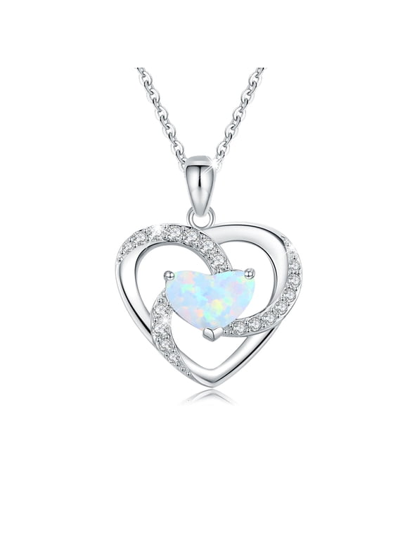 White Gold Plated Heart Necklace Opal Jewelry for Women, 925 Sterling Silver Opal Pendant Necklace, Birthday Cubic Zirconia Opal Necklace Gift