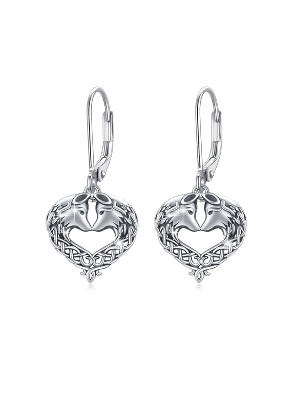 Wolf Hanged Earrings 925 Sterling Silver Leverback Drop Earrings for Women Mom Wife Jewelry Birthday Christmas Gifts for Sensitive Ears