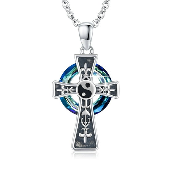 Cuoka Yin Yang Cross Ncklace 925 Sterling Silver Austria Crystal Pendant Necklaces with 18+2'' Chain 18K White Gold Plated Jewelry Birthday Valentine's Day Gift for Women Men Mom