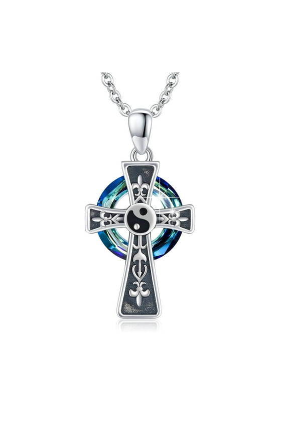 Yin Yang Cross Ncklace 925 Sterling Silver Austria Crystal Pendant Necklaces with 18+2'' Chain 18K White Gold Plated Jewelry Birthday Valentine's Day Gift for Women Men Mom