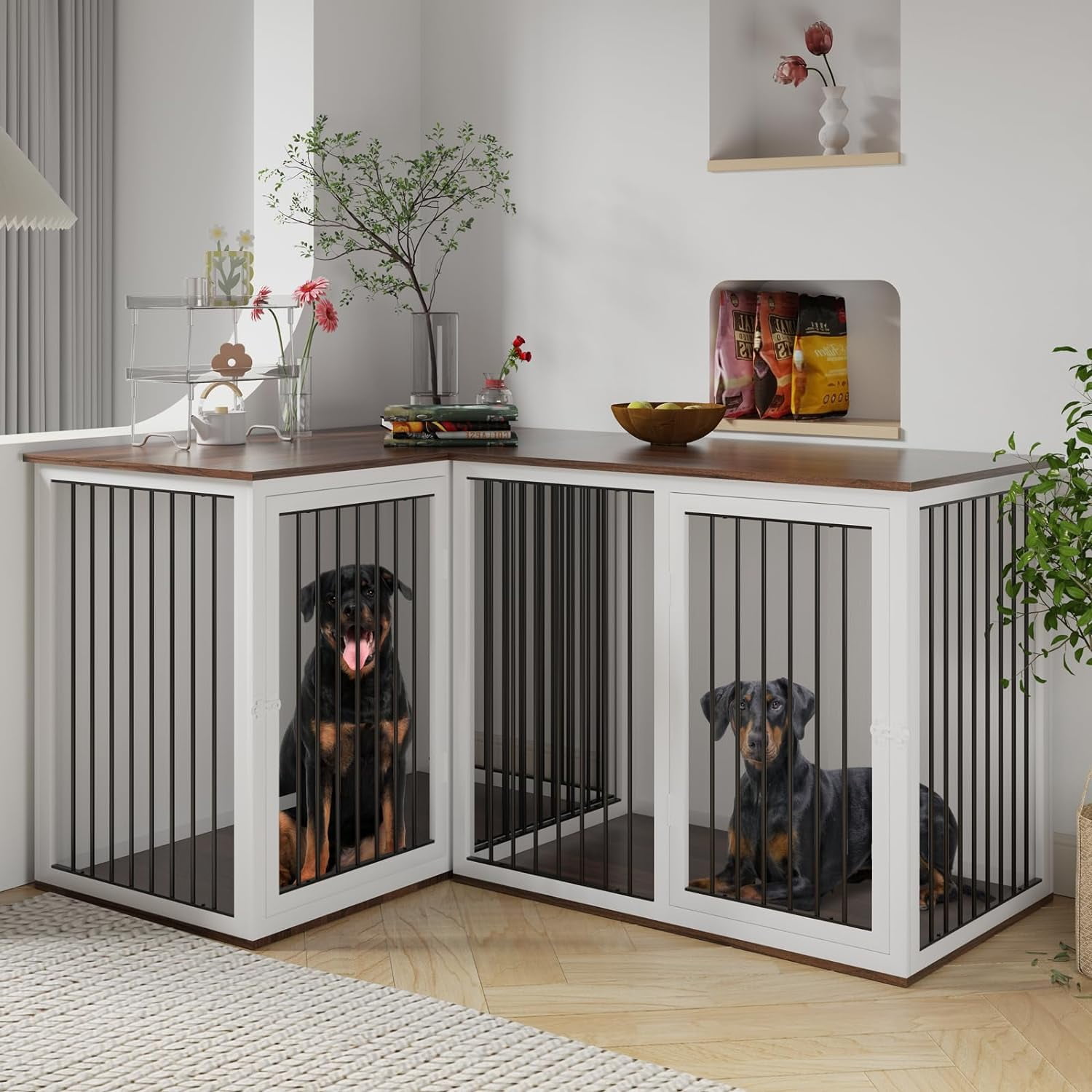 Cuoote Dog Crate Furniture for 2 Dogs, Large Kennel Furniture with