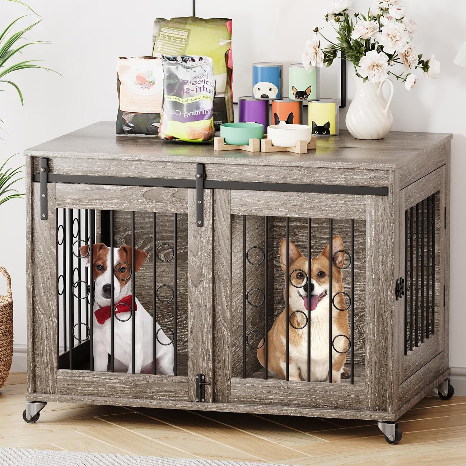 Cuoote Dog Crate Furniture, 39'' Movable Dog Crate with Wheels, Sliding