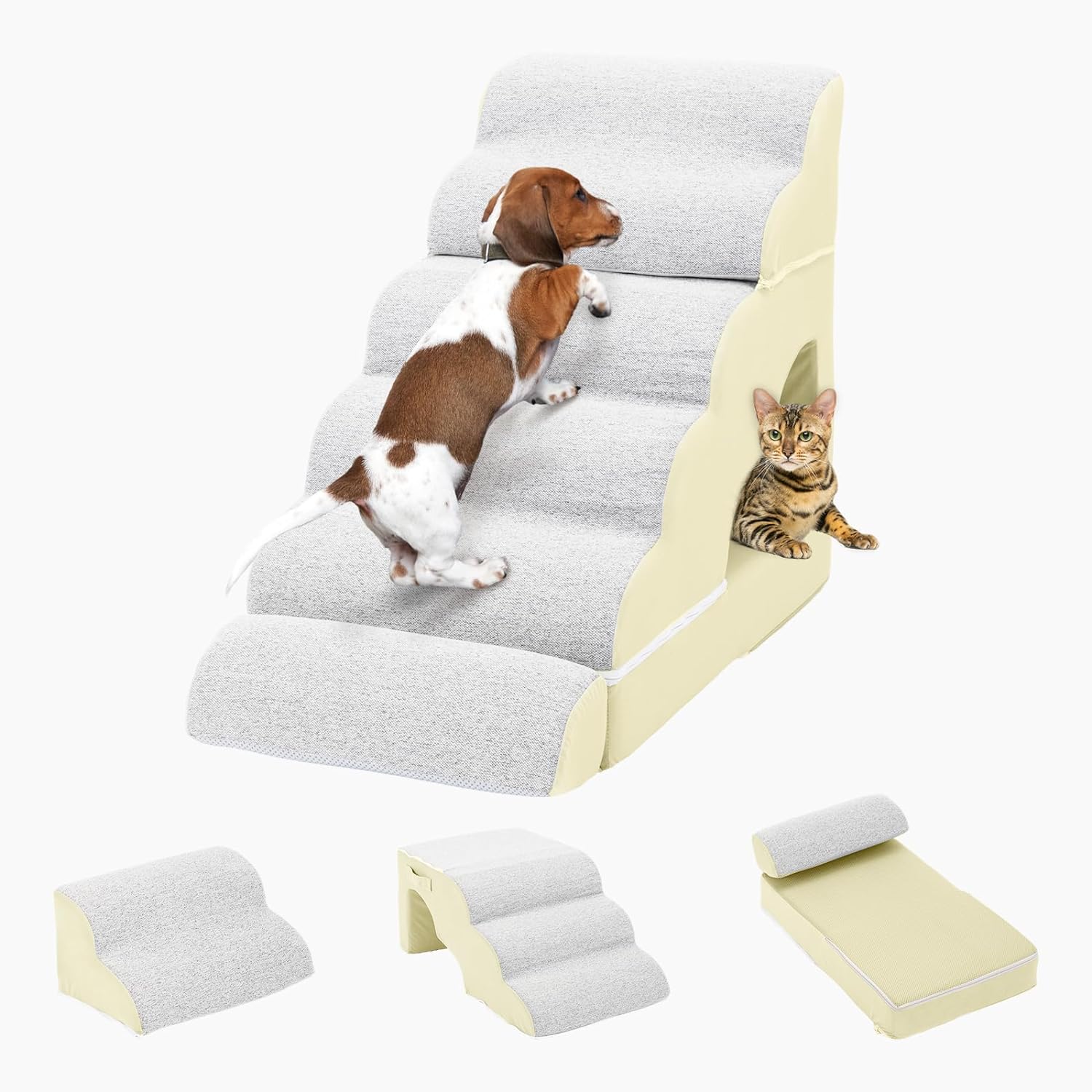Cuoote Dog Stairs, 28" Dog Stairs for High Beds and High Sofas, 3in1 Foam Dog Stairs for Small