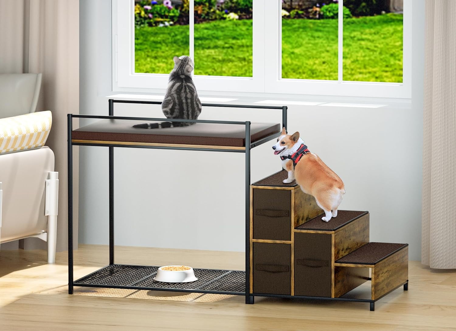 Cuoote Dog Window Perch, 3 in 1 Dog Bunk Bed with 3 Stairs, Pet Window