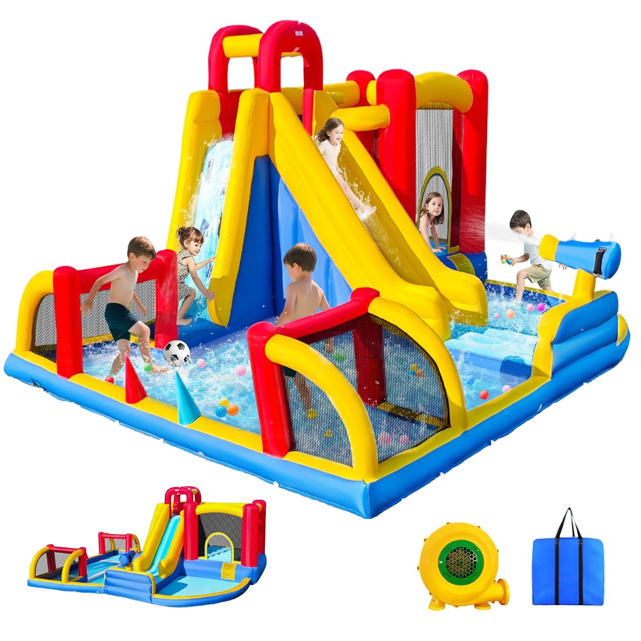 Cuoote Inflatable Water Slide for Kids, 8 in 1 Giant Water Park for Backyard Outdoor with Long Slide, Air Blower, 2 Mins Blow Up