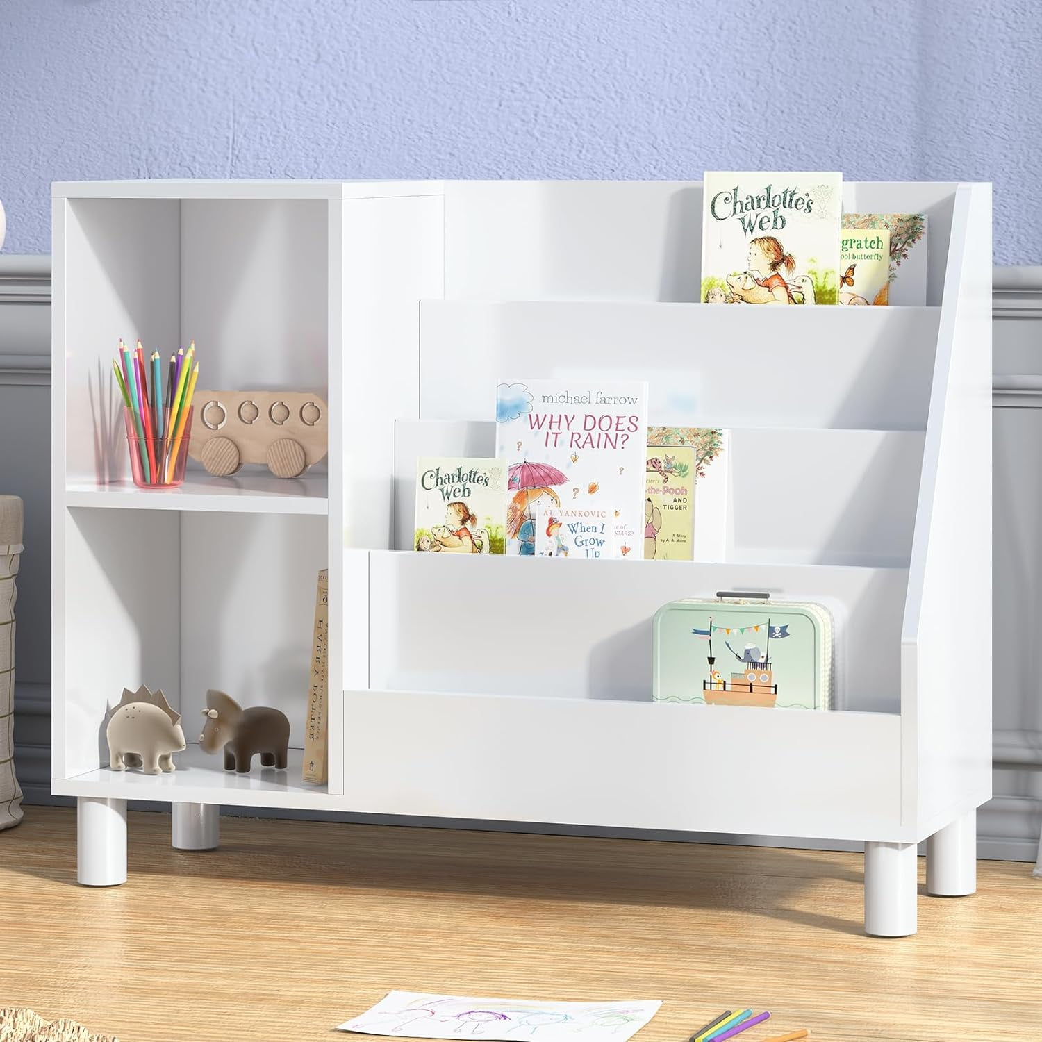 Cuoote Kids Bookshelf, 4Tier Kids Wooden Bookshelf with Toy Shelf and
