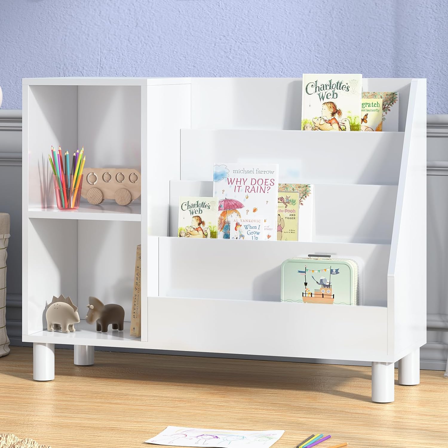 Badger Basket Kid's Four Bin Toy Storage Cubby with Bookshelf
