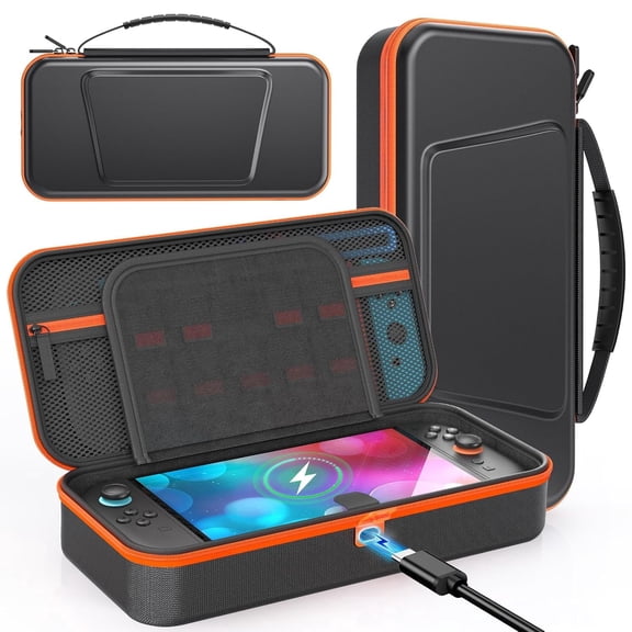 Cuopluber Charge Inside Carrying Case for Switch 2 2025 / Switch 1/ Switch OLED, PP Hard Shell Travel Case for Switch 2 Accessories, 2 pairs of keycaps,2 screen protectors 9 Game Card Slots