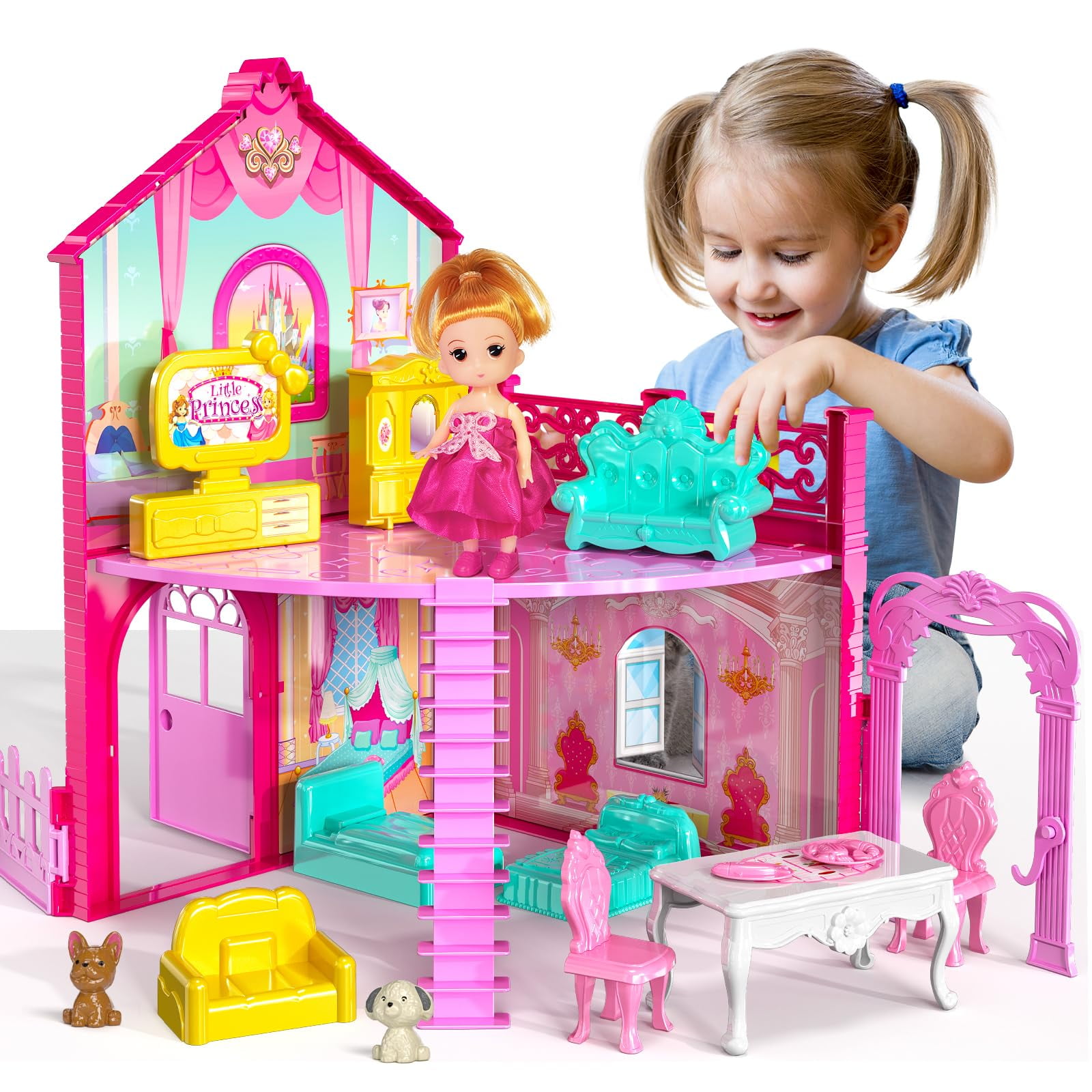 Cuopluber Dream Doll House House Furniture Pink Girl Toys, Playhouse 