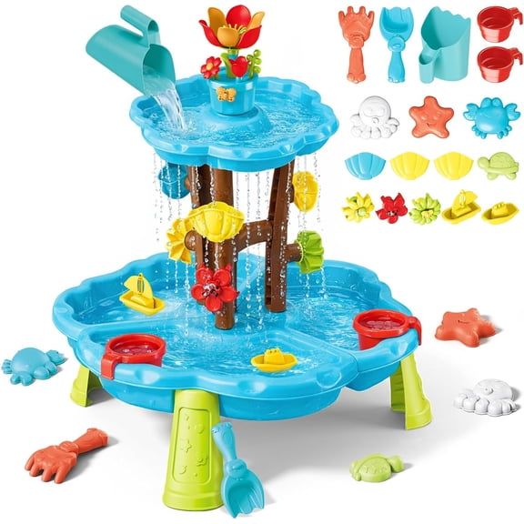 Cuopluber Flower Water Sand Table for Kids 2-Tier Outdoor Water and Sand Play Table Toy Set with 11 Piece Water Toy Accessories Summer Gift for Boys Girls