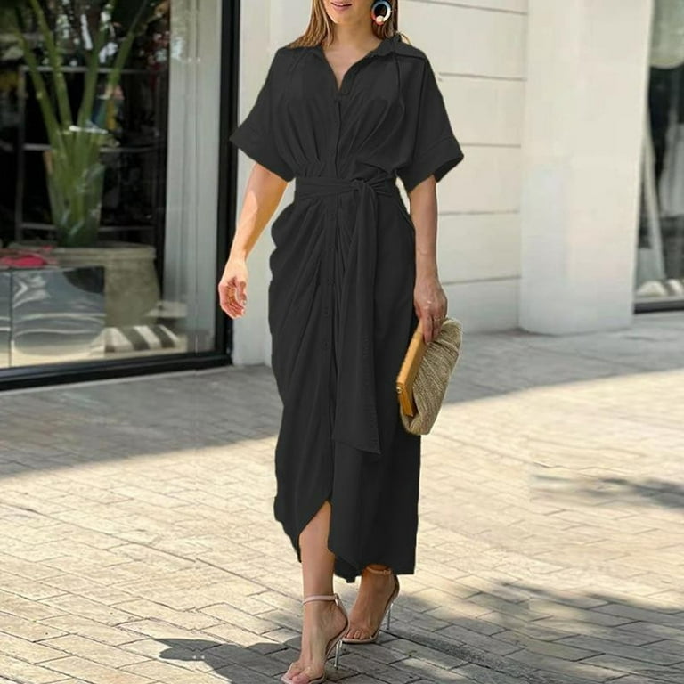 Cuozvetk Women Summer Elegant Solid Color Breasted Short Sleeve Belted Shirt Dress