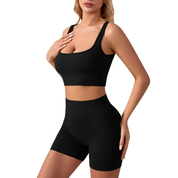 Cuozvetk Women's Workout Sets Ribbed Tank 2 Piece Seamless High Waist Gym Outfit Yoga Shorts Sets