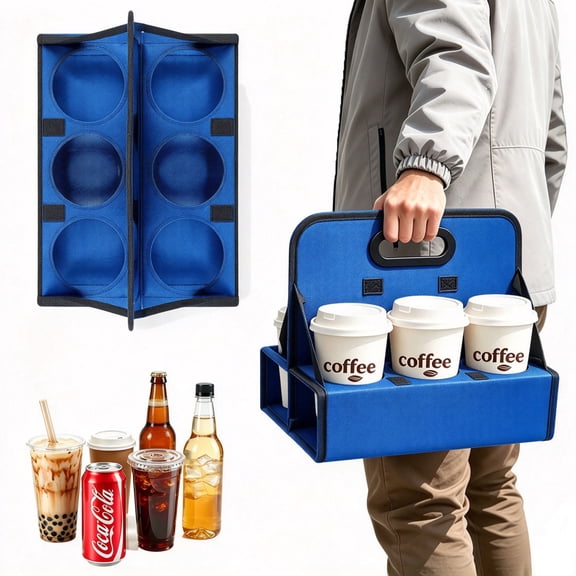 Godery 6-Cup Holder Drink Carrier Folds Flat for Delivery Carry Coffee Sundae, Safely Secures Hot and Cold Beverages for Car and Take Out (Blue)