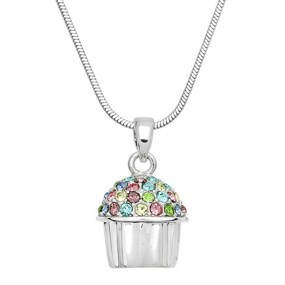 Cup Cake Pendant Necklace Earring Rhinestone Crystal Rhodium Plated 17 Inch Snake Chain J0643-MT