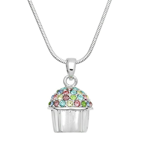 Cup Cake Pendant Necklace Earring Rhinestone Crystal Rhodium Plated 17 Inch Snake Chain J0643-MT