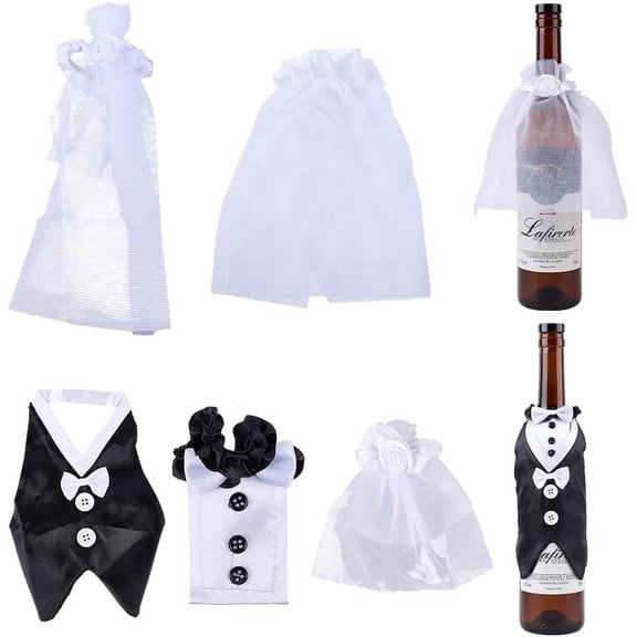 Cup Covers Wedding Dresses Party Decor karton Set Ribbon Edge Cascade Wine Champagne Glass Bride and Groom Wine Bottle Covers Wedding Suit Cup Holder for Wedding Party Banquet Dinner Decor DIY