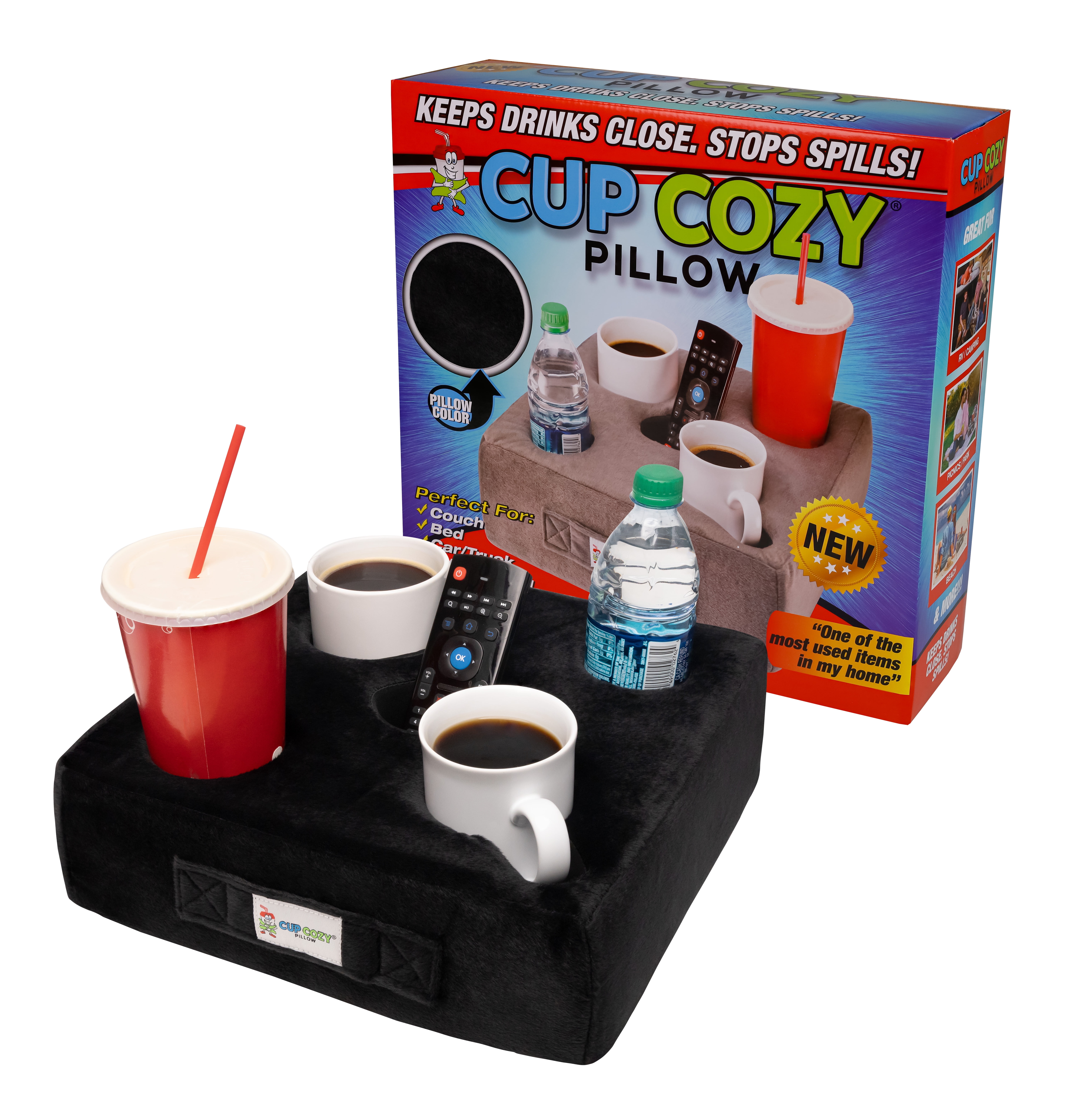 The Original Cup Cozy Pillow 5 Hole Black As Seen on TV-Cup Holder Caddy for Couch, Sofa, Bed, Car, RV, Park, Beach, & More!