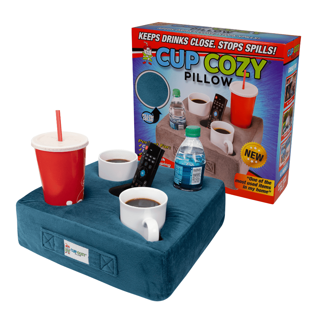The Original Cup Cozy Pillow 5 Hole Teal- As Seen on TV-Cup Holder Caddy for Couch, Sofa, Bed, Car, RV, Park, Beach, & More!