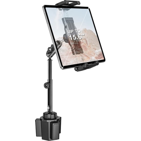 Cup Holder Car Large Tablet Mount, [Up to 15.6"] Metal Adjustable Arm CupHolder Clip, Heavy Duty Truck for iPad Pro 13 12.9 Air Mini, tab, iPhone, 6.1-15.6" Devices