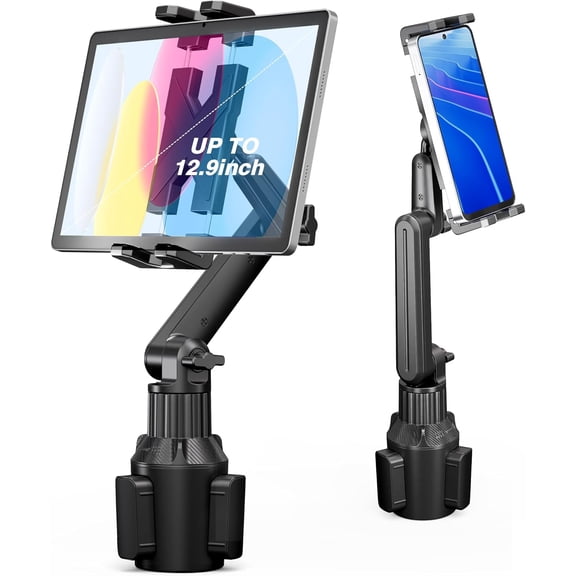 Cup Holder Car Tablet Mount, Ipad Cup Holder Car Mount with 15" Adjustable Arm Stand for Tablet iPhone 4.7-13in, iPad Pro Air Mini, Fire, iPhone 16 15, Galaxy S25 S24 Z Fold 6 5