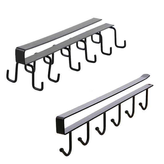 Cup Holder Under Cupboard,Kitchen Under Cabinet Utensils Hanging Hooks Rack, Drilling Free Cabinet Door Hanging Hook Rack,6/12 Hooks Kitchen Storage Utensil Organizer Hook Rack(2 Pack Black)