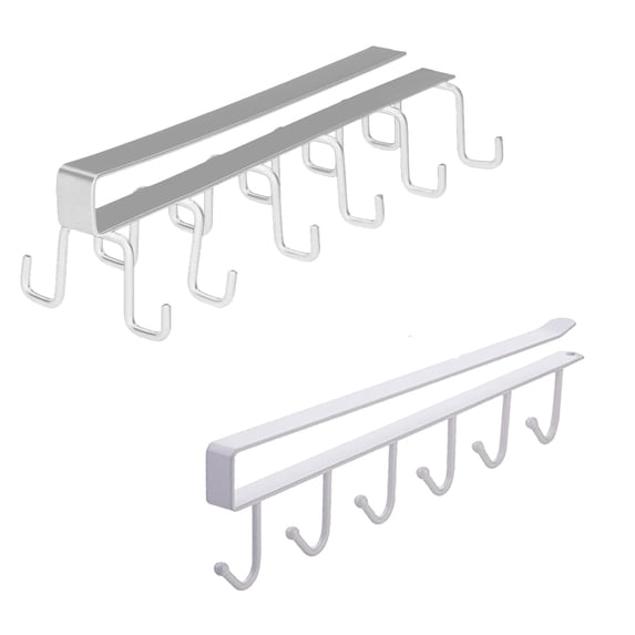 Cup Holder Under Cupboard,Kitchen Under Cabinet Utensils Hanging Hooks Rack, Drilling Free Cabinet Door Hanging Hook Rack,6/12 Hooks Kitchen Storage Utensil Organizer Hook Rack(2 Pack White)