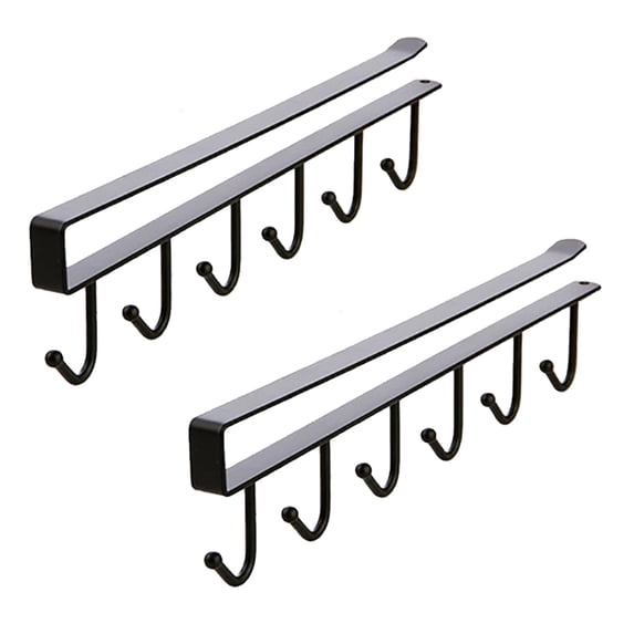 Cup Holder Under Cupboard,Kitchen Under Cabinet Utensils Hanging Hooks Rack, Drilling Free Cabinet Door Hanging Hook Rack,6 Hooks Kitchen Storage Utensil Organizer Hook Rack(2 Pack Black)
