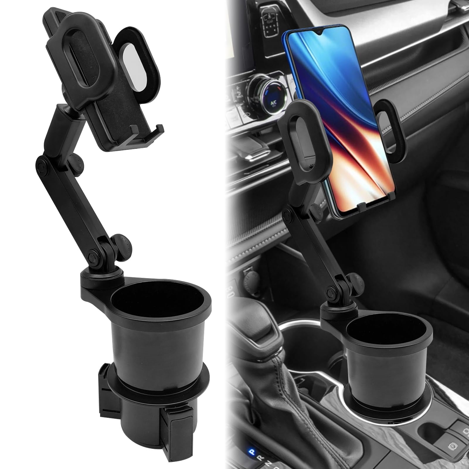 Cup Holder Expander for Car with Phone Mount, 2in1 Large Cup Holder Expander Adjustable Base