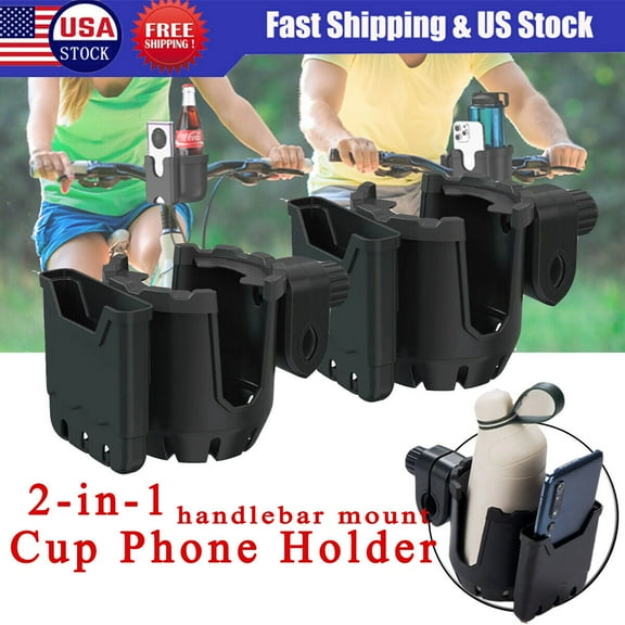 Cup Holder with Phone Holder 2-in-1 Universal Water Bottle Cup Holder for Bike, Stroller, Walker, Scooter,Wheelchair, Motorcycle, Electric Cycle,360 Degree(Black,2PCS)