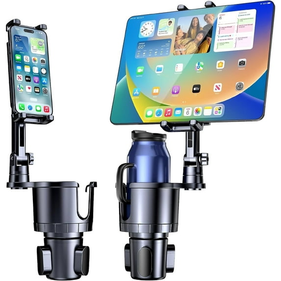 Cup Holder Phone Tablet Mount, 2 in 1 Car Cup Holder with Expander Adjustable Long Arm for Car(Black)