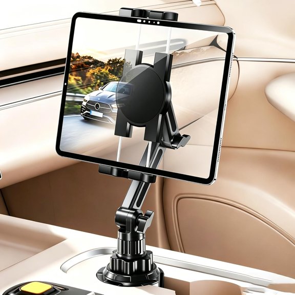 Cup Holder Tablet Holder for Car, ipad car mount with Depth Large Clamp, Adjustable Arm, Height Adjustable, Multi-angle Tablet Stand Car Accessories for All 4"-12.9" iPhone iPad Samsung Galaxy Tab
