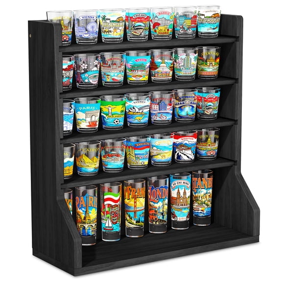 Shot Glass Holder, 5 Tier Wood Mug Rack, Vintage Shot Glass Display Case Stand for Home Kitchen, Black