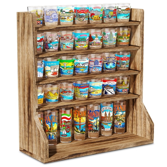 Shot Glass Holder, 5 Tier Wood Mug Rack, Vintage Shot Glass Display Case Stand for Home Kitchen, Rustic Brown