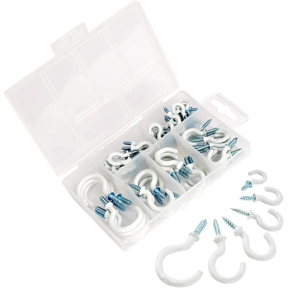 Cup Hook White Plastic Coated Ceiling Screw Hooks Assortment Kit Multi-Purpose Hooks for Hanging Cup Jewelry Key Ring Ornament with Storage Box 6 Sizes 70 Pieces