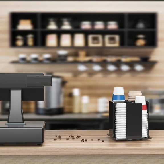 Cup and Lid Holder, 4 Compartment, Square | Rotating Coffee Cup Dispenser Lid Carousel for Restaurant, Buffet, Coffee Station, Bar, Countertop, Black Acrylic