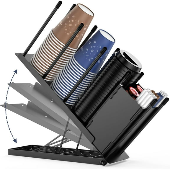 Cup and Lid Holder,Adjustable Coffee Cup Holder Organizer 4 Compartment Disposable Cup Dispenser with Storage Basket for Breakroom Countertop Coffee Station Bar Coffees Pod Straw Storage Metal
