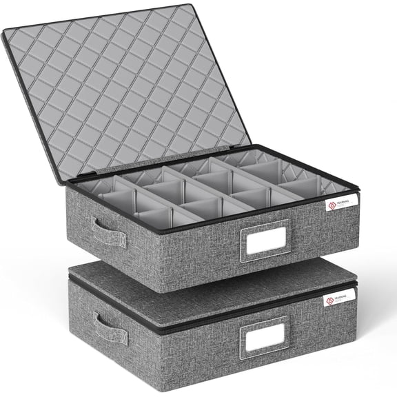 Cup and Mug Storage Box with Hard Shell and Dividers for Coffee Mugs,Tea Cups and Glasses,Stackable Storage Organizers with Lid,Handles,Zips and Label for Moving,Holds 12,2 Pack, Grey