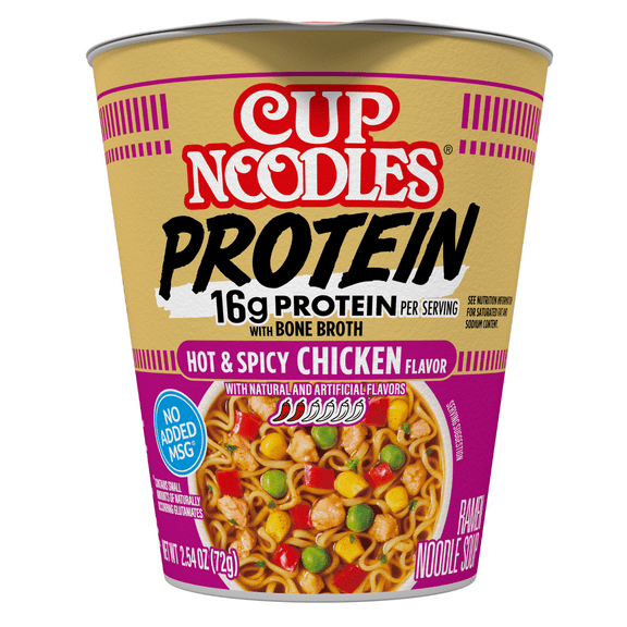 Nissin Cup Noodles Protein Ramen, Chicken Flavor Spicy Ramen with Bone Broth, 16g Protein, 2.54 Ounce Cup
