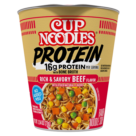 Nissin Cup Noodles Protein Ramen, Beef Flavor with Bone Broth, 16g Protein, 2.54 Ounce Cup