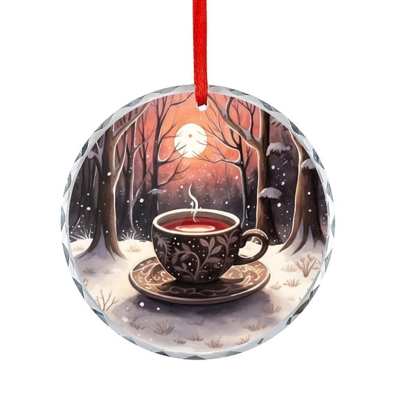 Cup Of Coffee In A Snowy Landscape Glass Christmas Ornament Holiday Ornaments Decoration for Home Cafe Hot And Fresh Round Shaped Glass Ornament