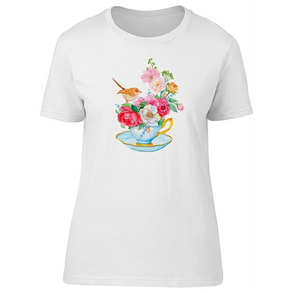 Cup Of Flowers And Cute Bird T-Shirt Women -Image by Shutterstock, Female XX-Large