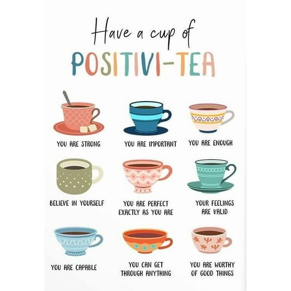 Have A Cup Of Positivi-Tea - Self Affirmation Poster - Mental Health - Vintage Tea Wall Art - Daily Affirmations - Positive Self Talk - Therapist Gift poster