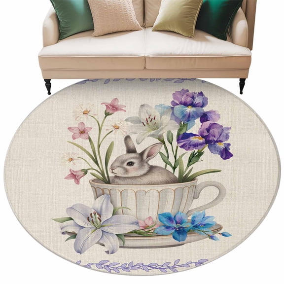 Cup Rabbit Area Rugs 8ft Easter Watercolor Tea Cup Bunny Floral Linen Texture Floor Rug Non Slip Low Pile Ultra Soft Large Circle Carpet for Living Room Bedroom Dining Room