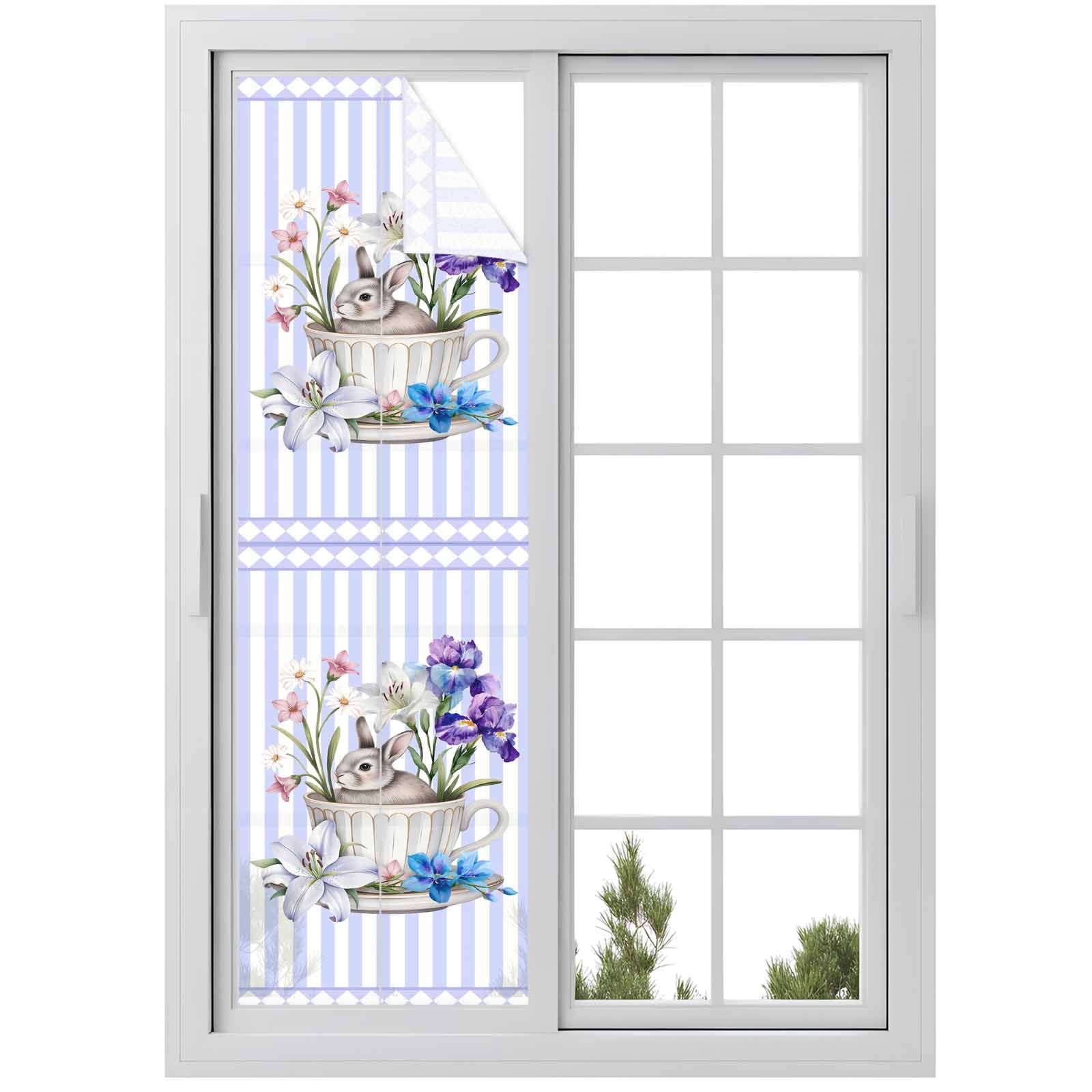 Cup Rabbit Window Privacy Film, Easter Watercolor Tea Cup Bunny Floral Purple Stripes Frosted Glass Window Clings Static Cling UV Heat Blocking Reusable Door Sticker for Bathroom 29.5 x 118 Inch