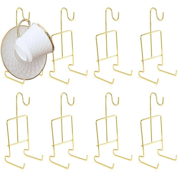 Cup and Saucer Display Stand, 8 Pcs Tea Cup and Saucer Holders, Teacup Coffee Mug Organizer Rack, Golden Finish Metal Mug and Saucer Stand for Tea Coffee Cups Plates
