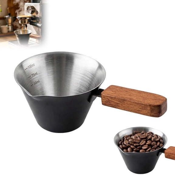 Cup Stainless Steel V Shaped Spout Coffee Cup with Wooden Handle Scale for Latte Americano Cappuccino Macchiato Making