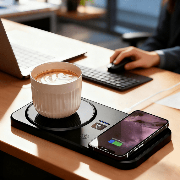 Cup Warmer, Smart Coffee Warmer with Wireless Charging, 2 in 1 Cordless Mug Warmer, 3 Levels Heating Temperature Controlfor, Portable Heating Coaster for Desk,Home,Office,Travel,Kitchen,Black