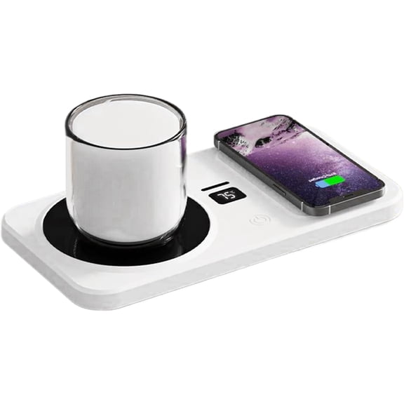 Cup Warmer, Smart Coffee Warmer with Wireless Charging, 2 in 1 Cordless Mug Warmer, 3 Levels Heating Temperature Controlfor, Portable Heating Coaster for Desk,Home,Office,Travel,Kitchen,White