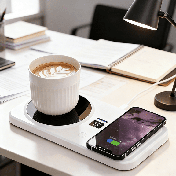 Cup Warmer, Smart Coffee Warmer with Wireless Charging, 2 in 1 Cordless Mug Warmer, 3 Levels Heating Temperature Controlfor, Portable Heating Coaster for Desk,Home,Office,Travel,Kitchen,White